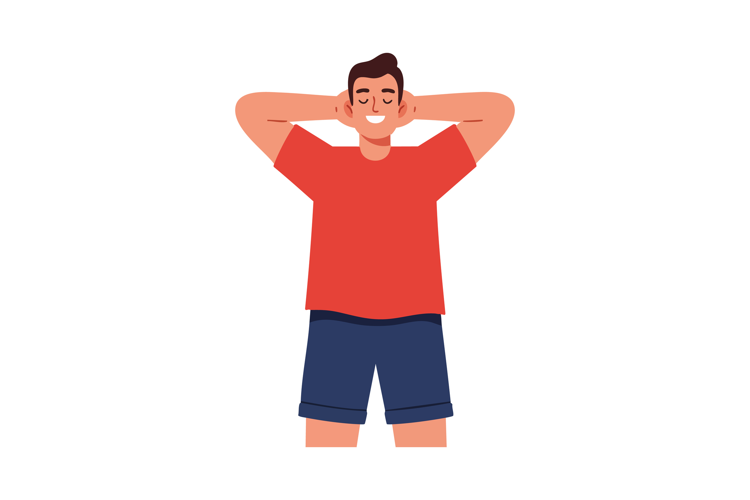 Relaxed man in red t-shirt and blue shorts with hands behind