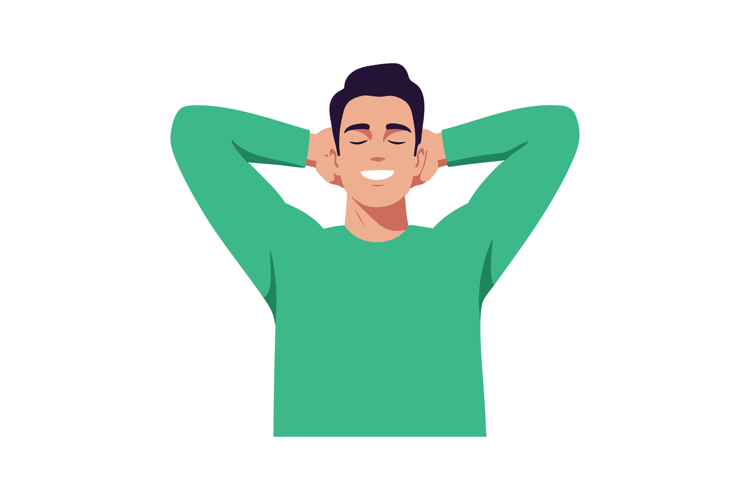 Relaxed young man in green sweater with hands behind head sm