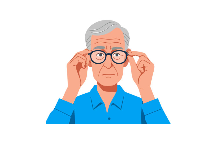 Elderly man adjusting glasses with serious expression in blu example image 1