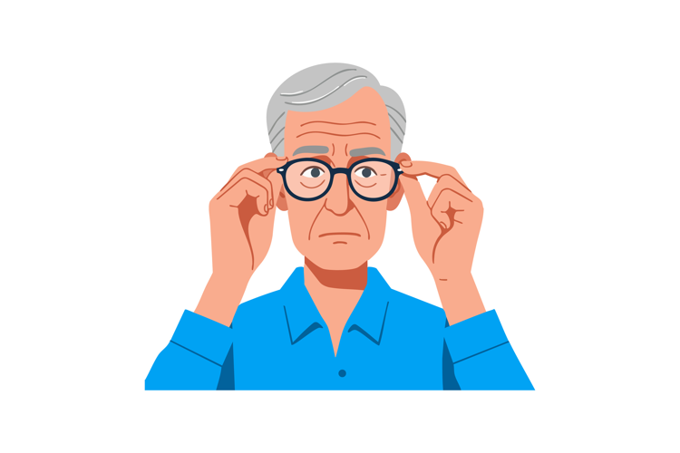 Elderly man adjusting glasses with serious expression in blu
