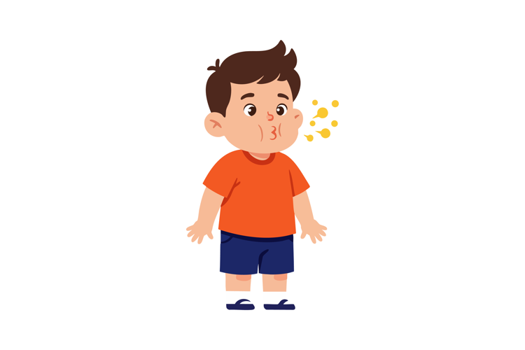 Boy Blowing Air with Cheeks Puffed Wearing Orange Shirt and