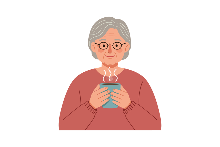 Elderly Woman Holding Hot Drink Wearing Red Sweater and Glas