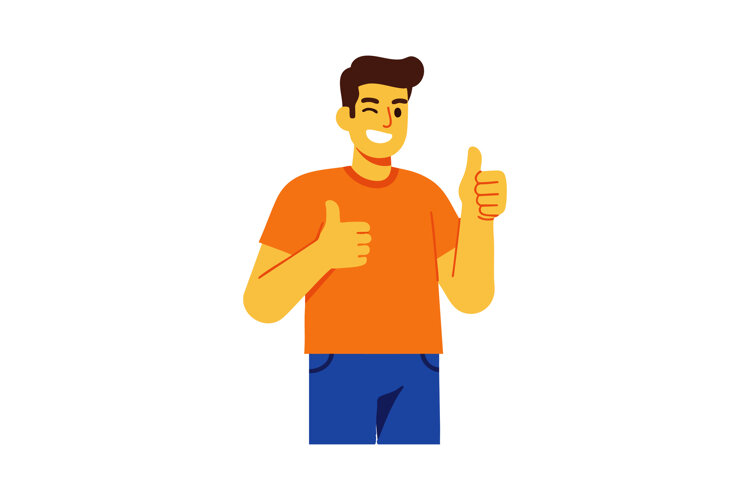 Young man giving thumbs up gesture in orange shirt and blue example image 1