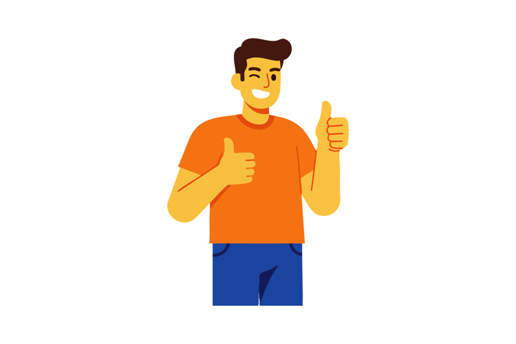 Young man giving thumbs up gesture in orange shirt and blue