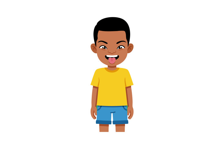 Boy in yellow t-shirt and blue shorts sticking out tongue pl example image 1