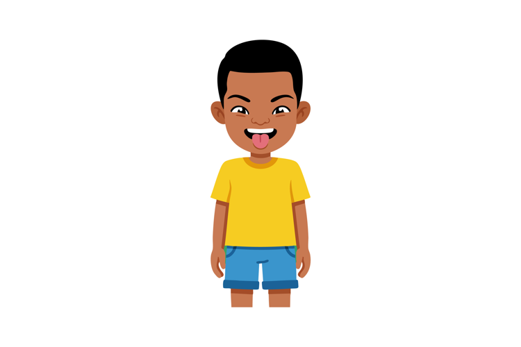 Boy in yellow t-shirt and blue shorts sticking out tongue pl
