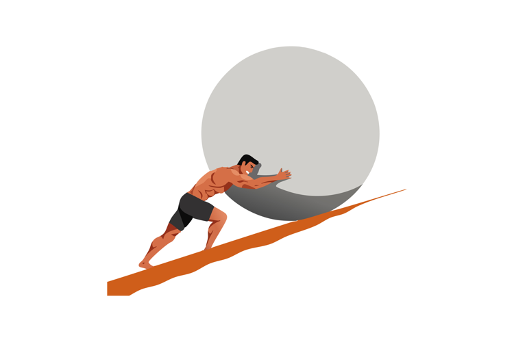 Man pushing large boulder uphill symbolizing effort and stru