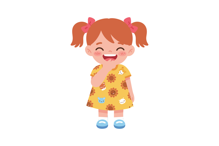 Happy little girl with pigtails wearing yellow dress with an
