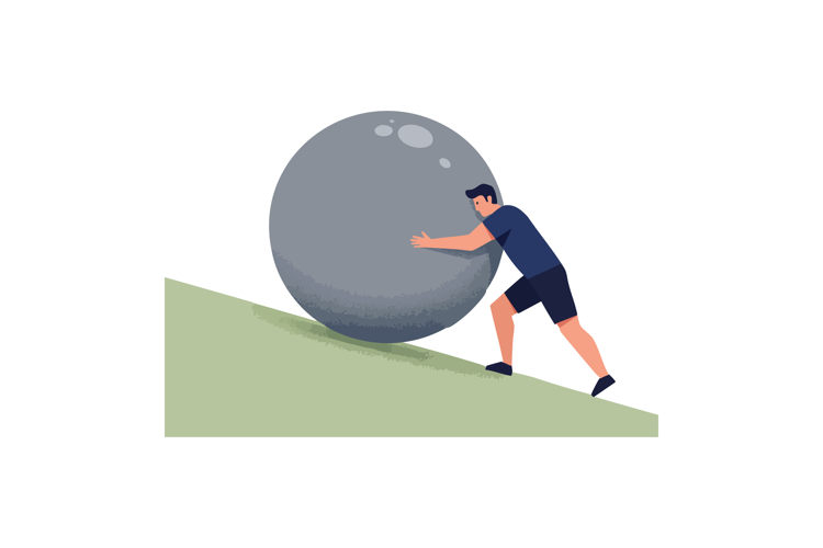 Man pushing large boulder uphill on green slope vector illus
