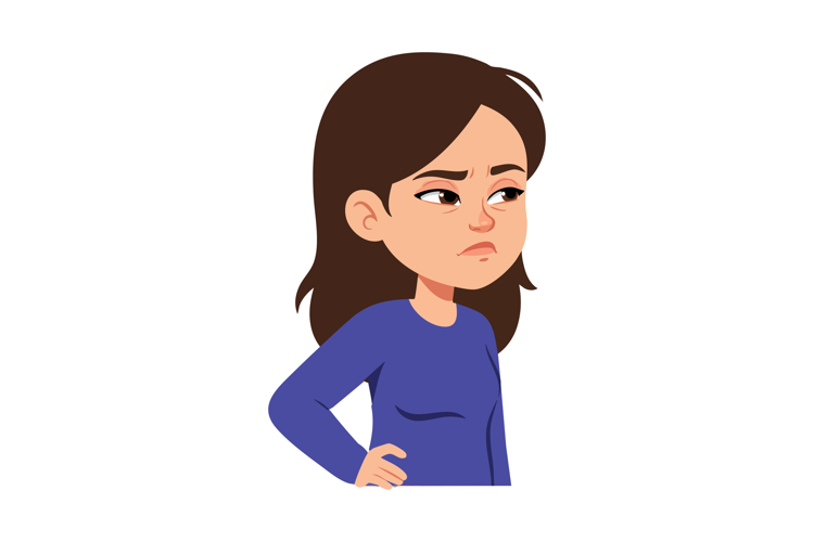 Unhappy woman with long brown hair in blue shirt expressing