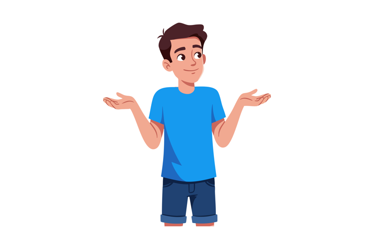 Young man shrugging shoulders in casual blue outfit vector i