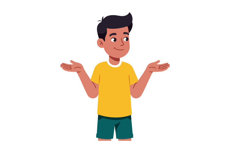 Boy in yellow t-shirt shrugging with open palms vector illus example image 1