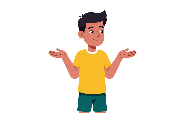 Boy in yellow t-shirt shrugging with open palms vector illus