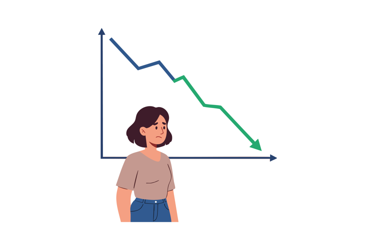 Sad woman standing in front of declining graph showing econo