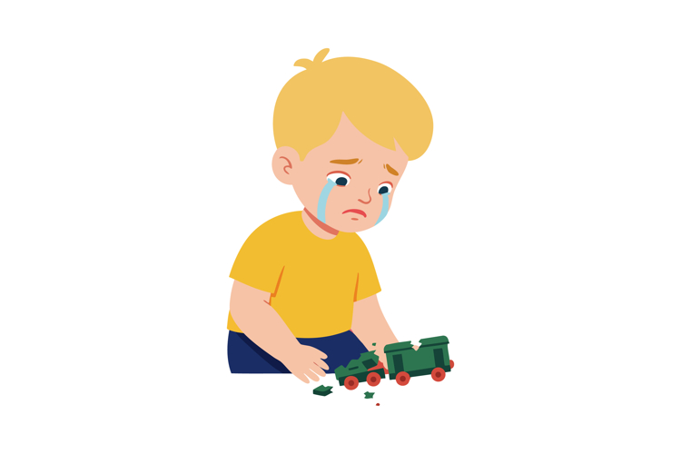 Crying boy with broken green toy train sitting sad in yellow example image 1