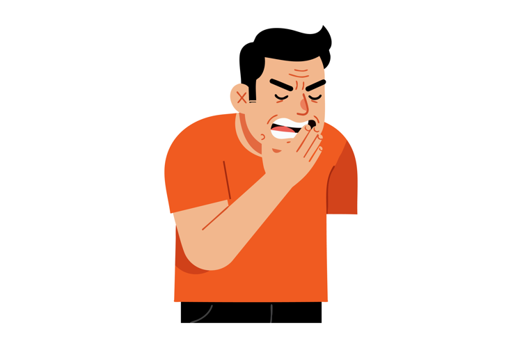 Man Wearing Orange Shirt Covering Mouth Yawning Tired Expres