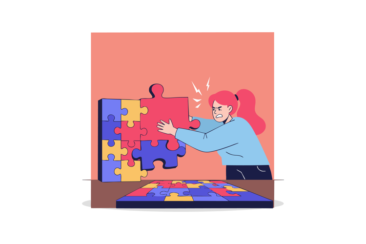Woman struggling to fit jigsaw puzzle piece frustration and