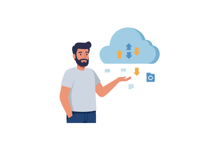 Man using cloud data storage concept with upload and downloa