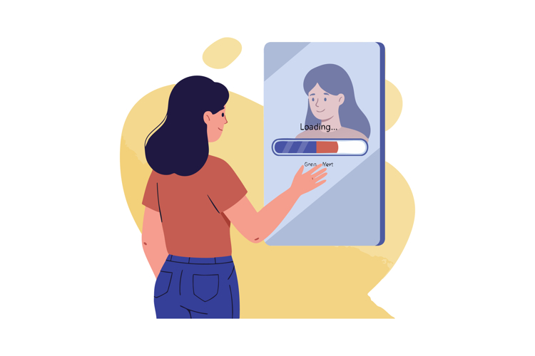 Young woman interacting with digital interface loading bar m