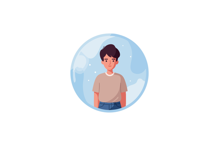 Young boy portrait inside transparent bubble in blue backgro