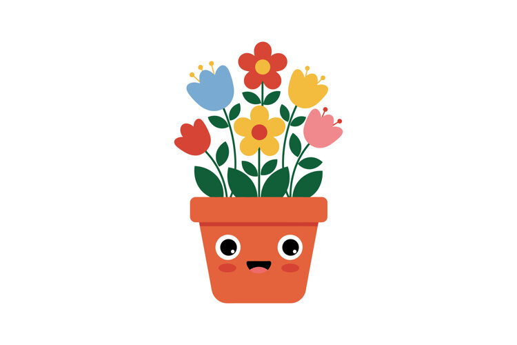 A cheerful potted plant with colorful flowers, flat design s example image 1