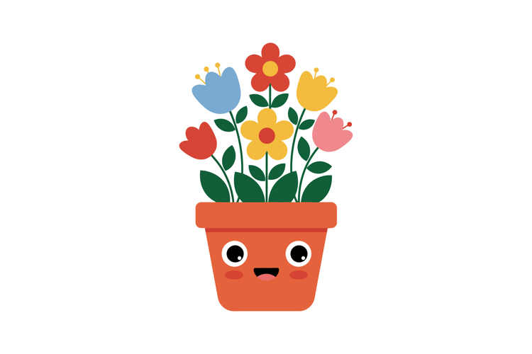A cheerful potted plant with colorful flowers, flat design s