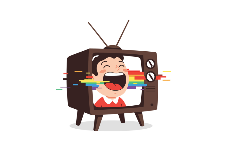 A joyful boy with a wide smile emerging from a retro televis