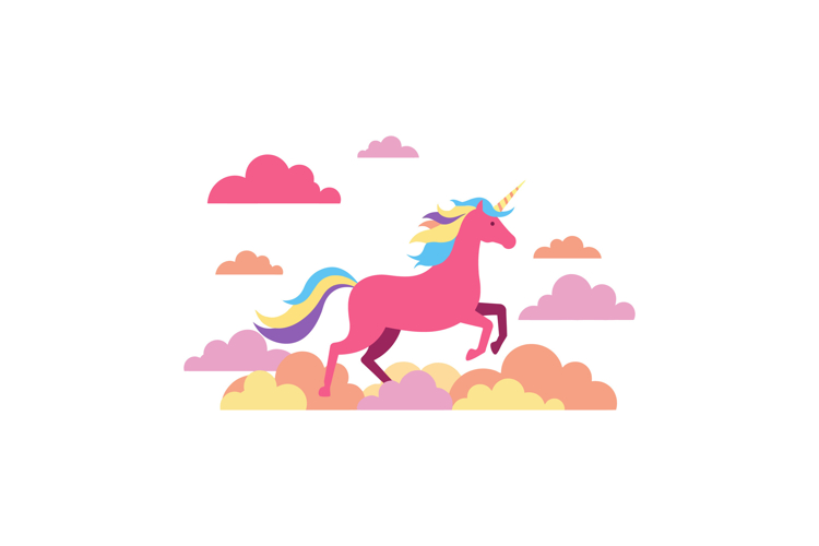 Pink unicorn prancing through colorful clouds in a playful f
