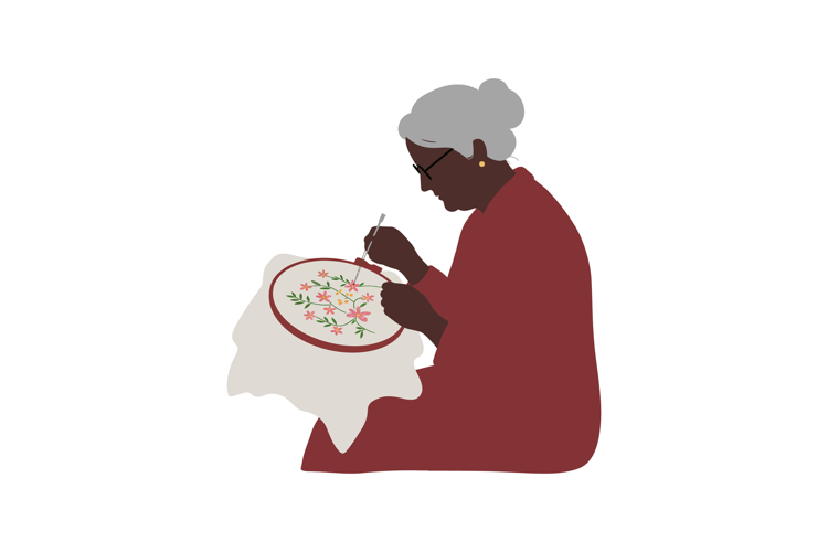 Elderly woman embroidering floral pattern in red dress vecto