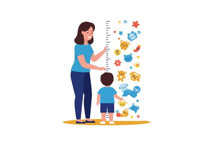 Woman measuring child height with colorful animal wall stick