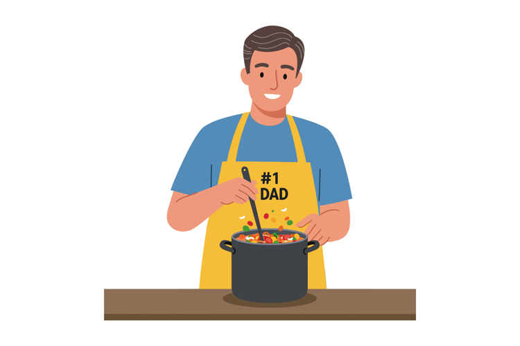 Man wearing #1 dad apron cooking soup for Fathers Day celebr