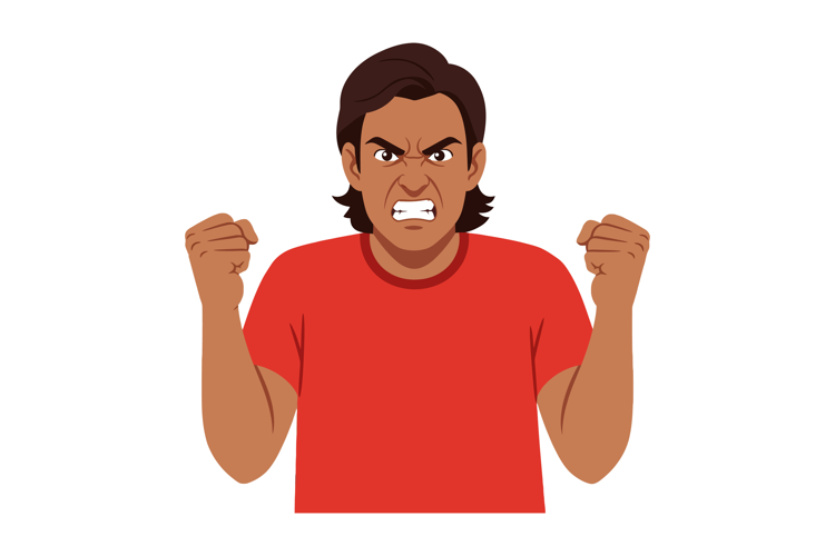 Angry man wearing red t-shirt showing clenched fists with ag