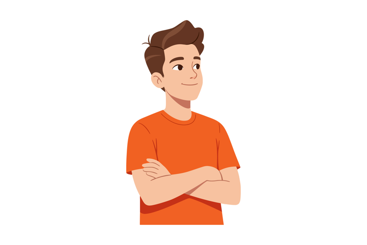 Young Man Wearing Orange Shirt Crossing Arms Confidently Vec