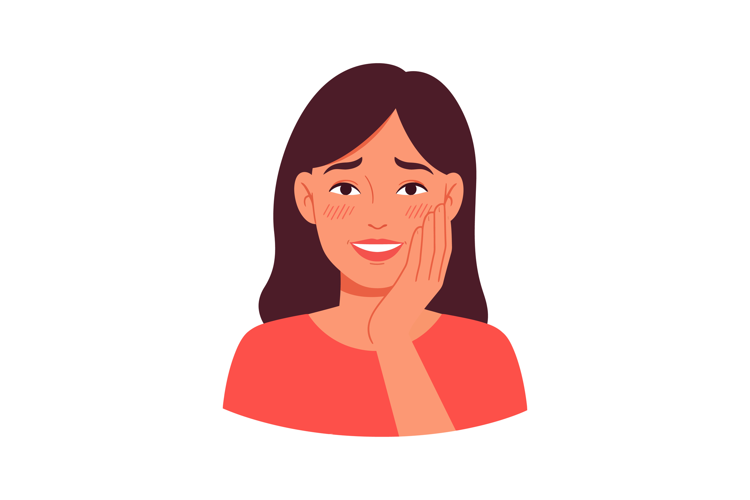 Young woman smiling and touching her cheek in red shirt vect