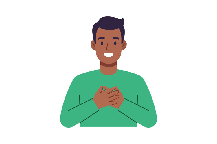 Smiling man with hands on chest green shirt portrait vector example image 1