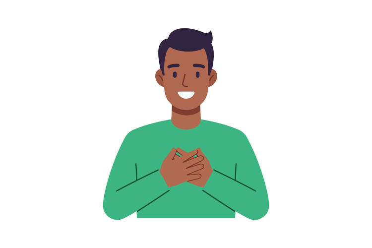 Smiling man with hands on chest green shirt portrait vector