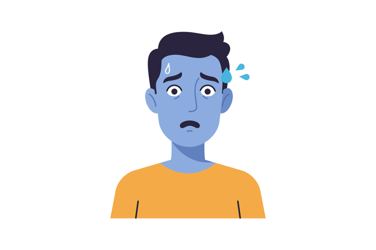 Anxious blue man sweating with worried expression vector ill