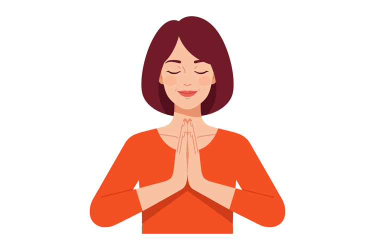 Woman with folded hands in orange shirt meditating in peacef