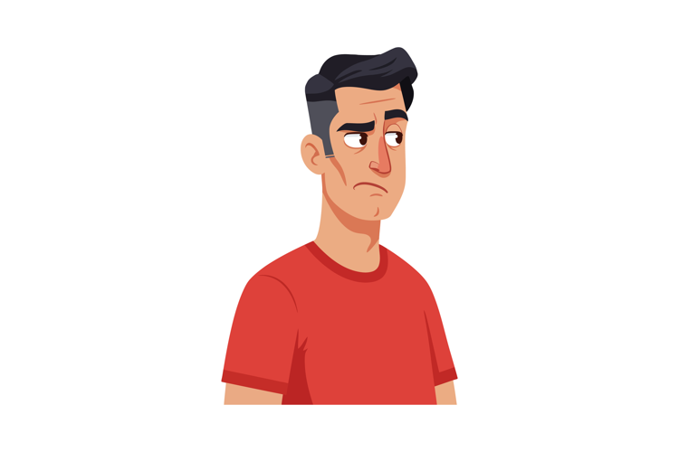 Young man with sad facial expression wearing red shirt vecto