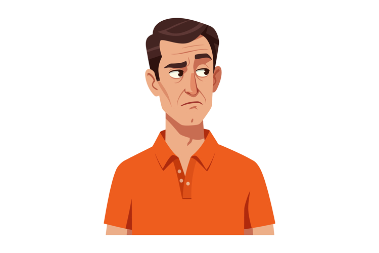 Middle-aged man wearing orange polo shirt with skeptical exp example image 1