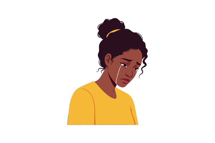 Young woman crying with tear streaming down cheek wearing ye