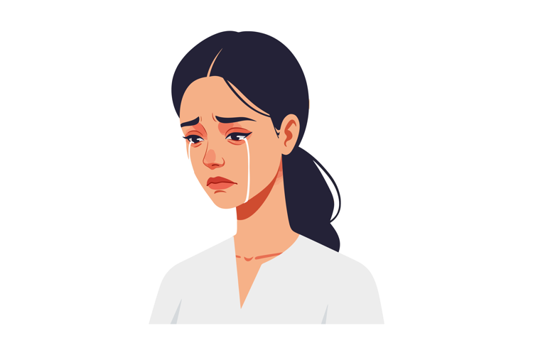 Sad crying woman with black hair and white shirt emotional e