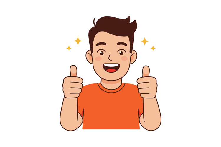 Happy young man giving thumbs up in orange shirt positive ge
