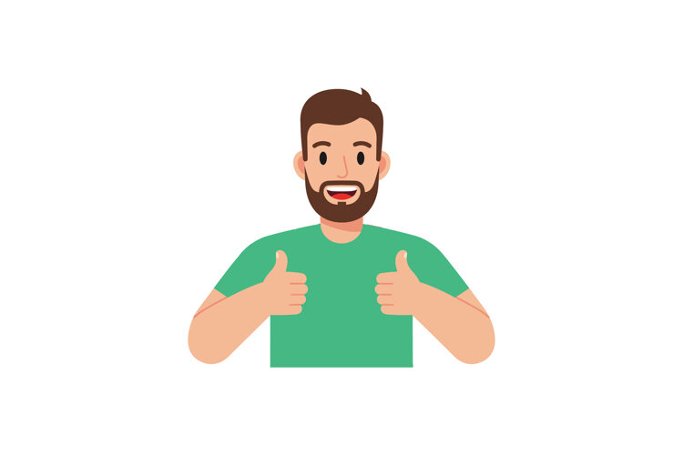 Bearded man showing thumbs up gesture with green shirt illus example image 1