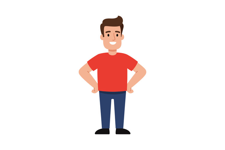 Young man standing confident in red shirt and blue pants vec example image 1
