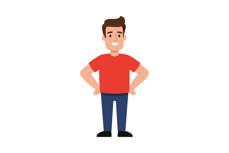 Young man standing confident in red shirt and blue pants vec