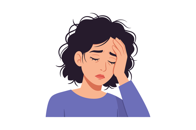 Woman with headache holding forehead in pain and fatigue vec
