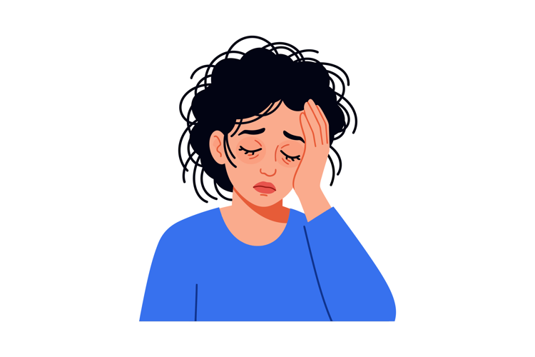 Woman with headache hold hand on forehead feeling stressed a
