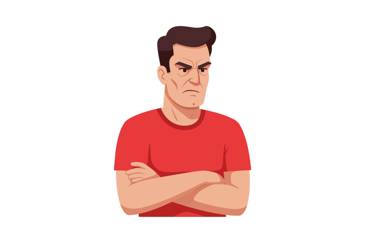 Angry man with crossed arms in red t-shirt expressing frustr
