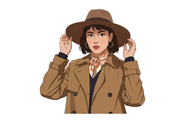 Woman wearing brown trench coat and wide brim hat stylish au